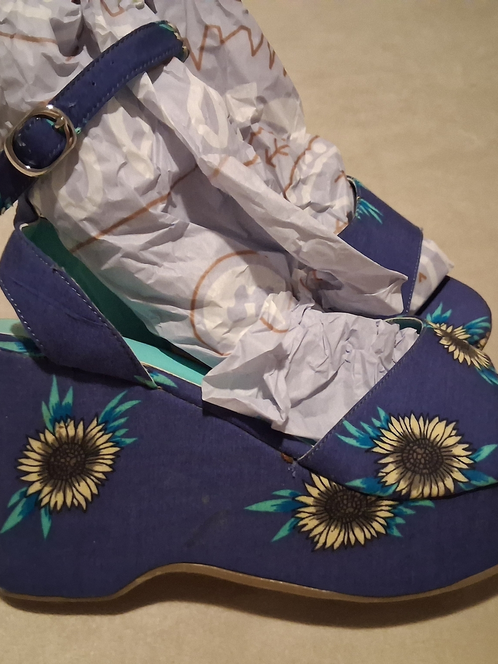 Muk Luks Blue Floral Wedge Sandals with Sunflower Print